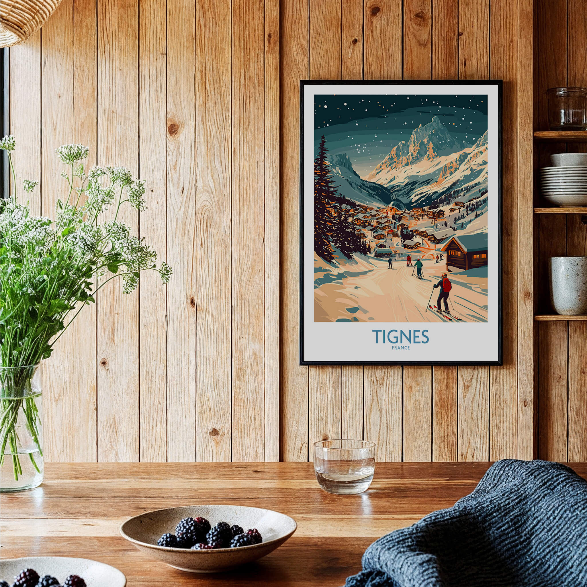 Tignes Wall Art Ski Poster showcasing a snowy ski scene in a cozy interior with wooden elements.