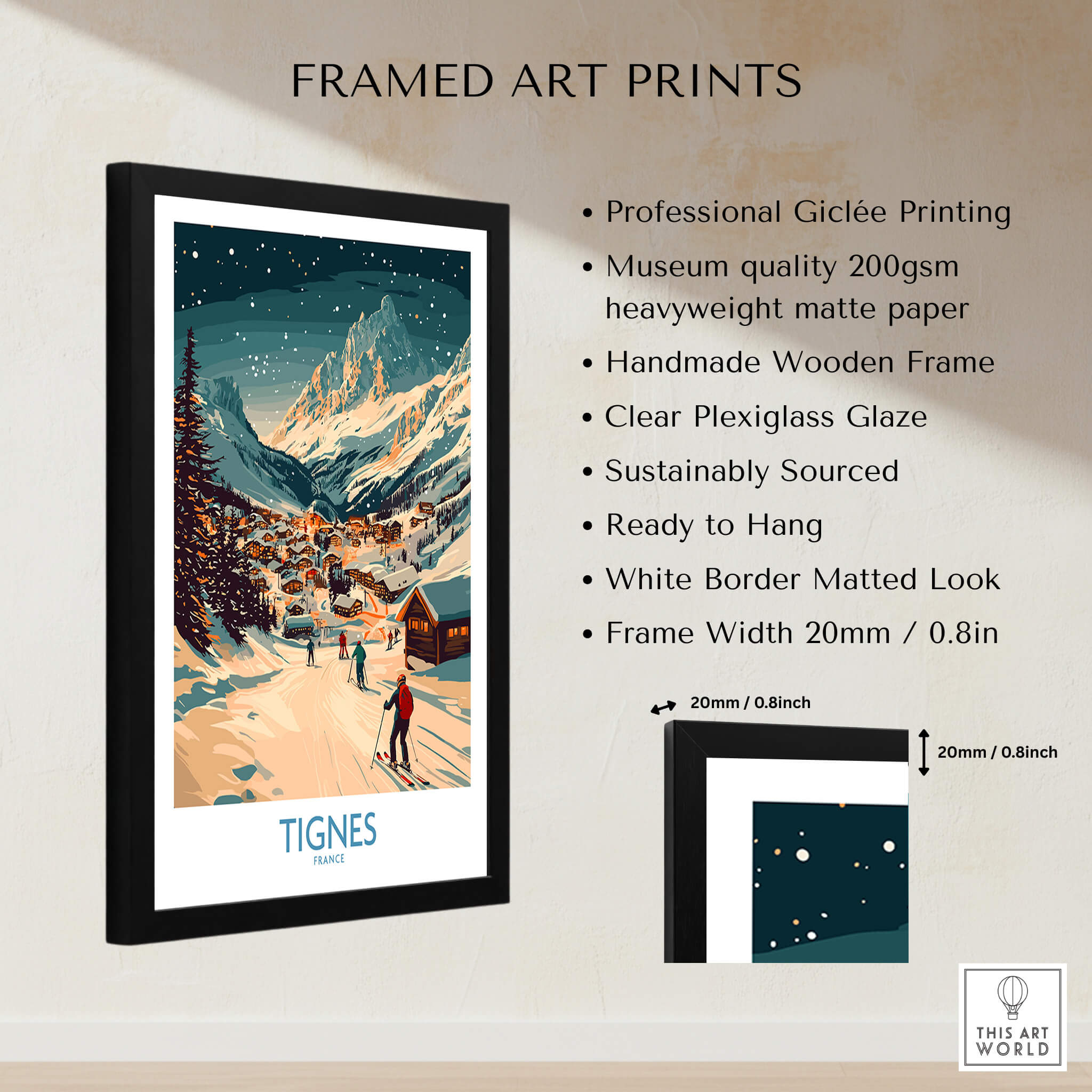 Tignes Wall Art Ski Poster showcasing a beautiful ski scene in a framed design, perfect for a winter wonderland decor.