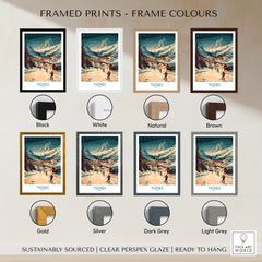 Tignes Wall Art Ski Poster framed prints in various colors: black, white, natural, brown, gold, silver, dark grey, light grey.