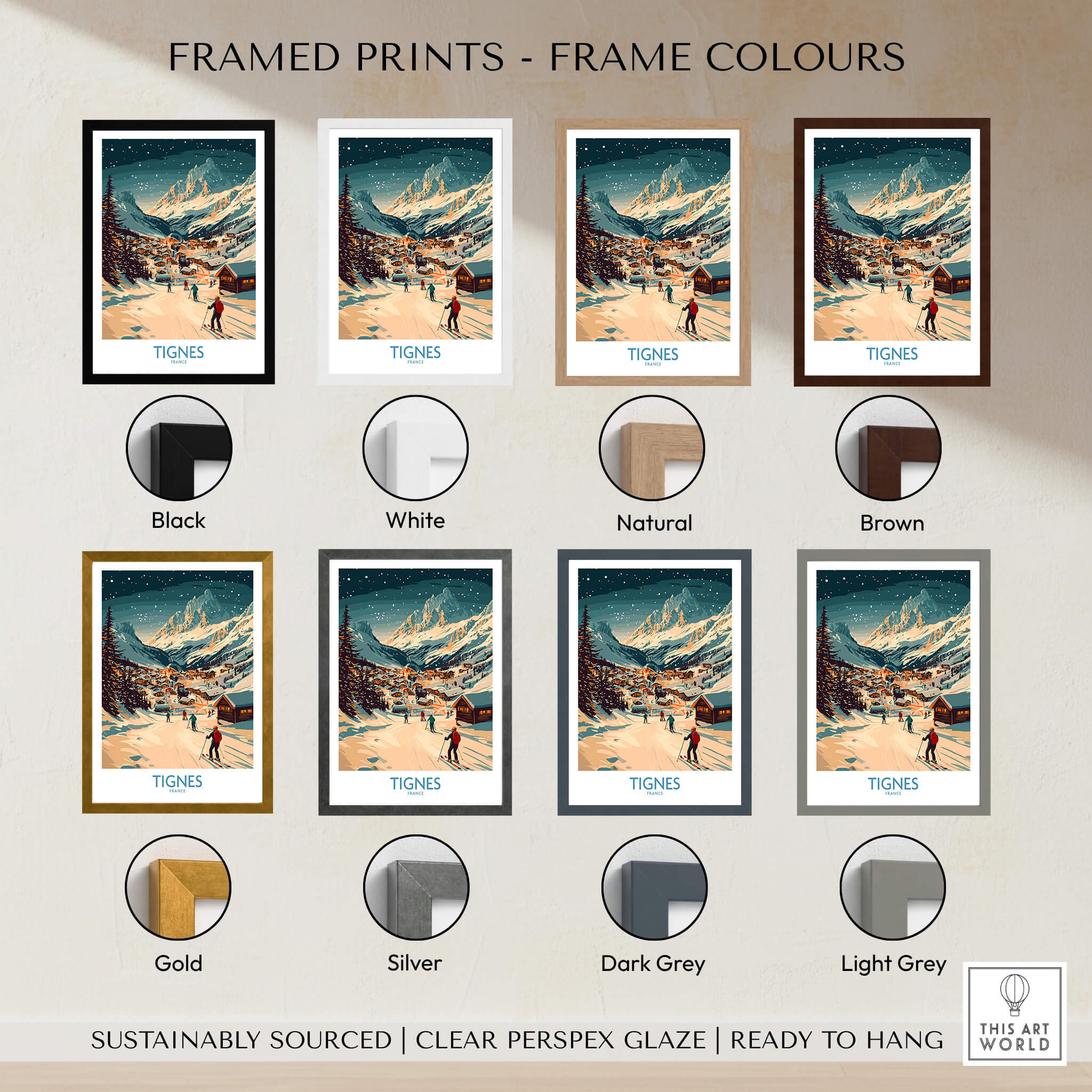 Tignes Wall Art Ski Poster framed prints in various colors: black, white, natural, brown, gold, silver, dark grey, light grey.