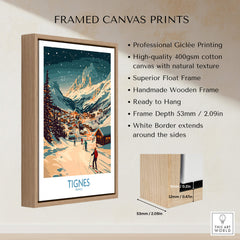 Tignes Wall Art Ski Poster framed canvas print showcasing a picturesque ski scene in Tignes, perfect for decor.