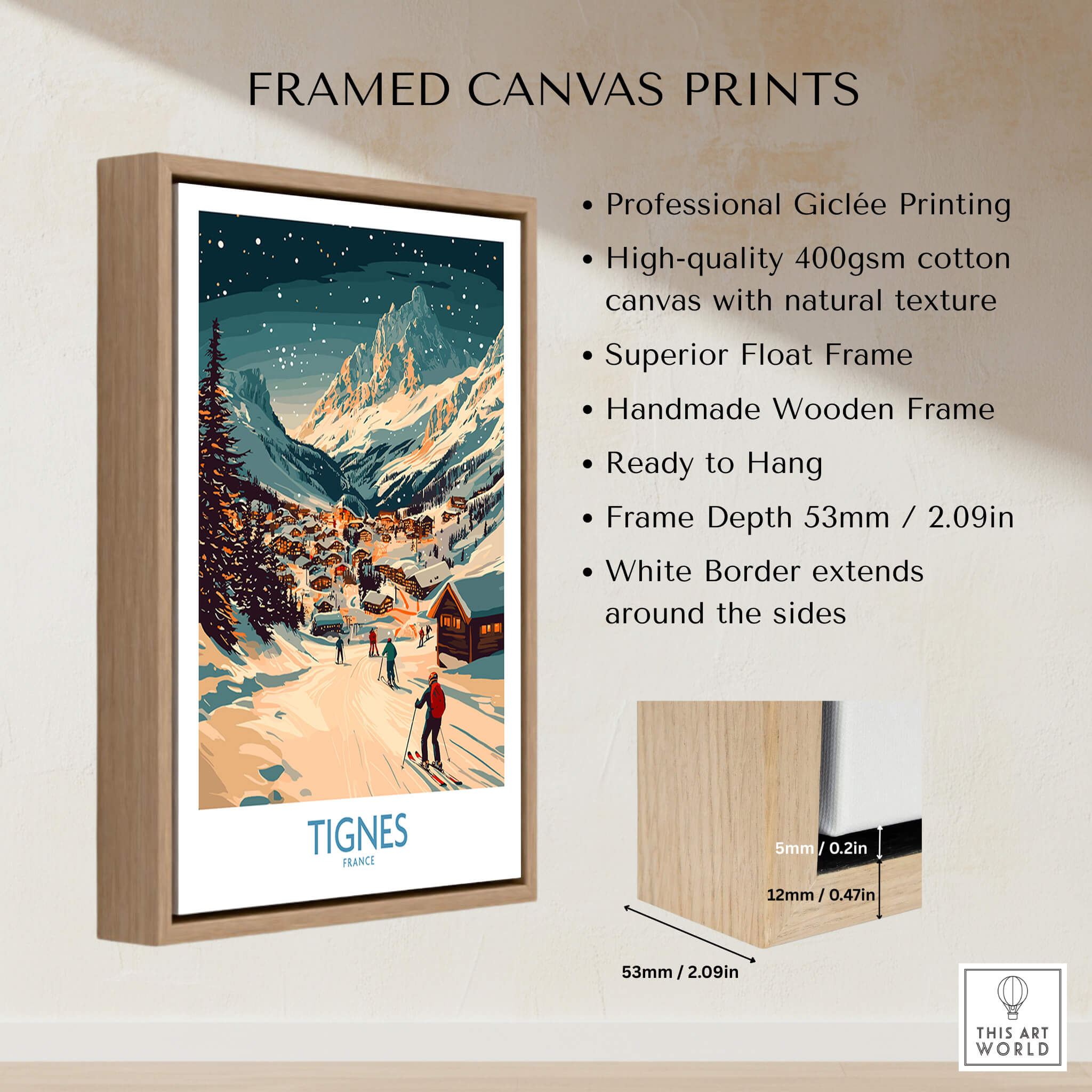 Tignes Wall Art Ski Poster framed canvas print showcasing a picturesque ski scene in Tignes, perfect for decor.