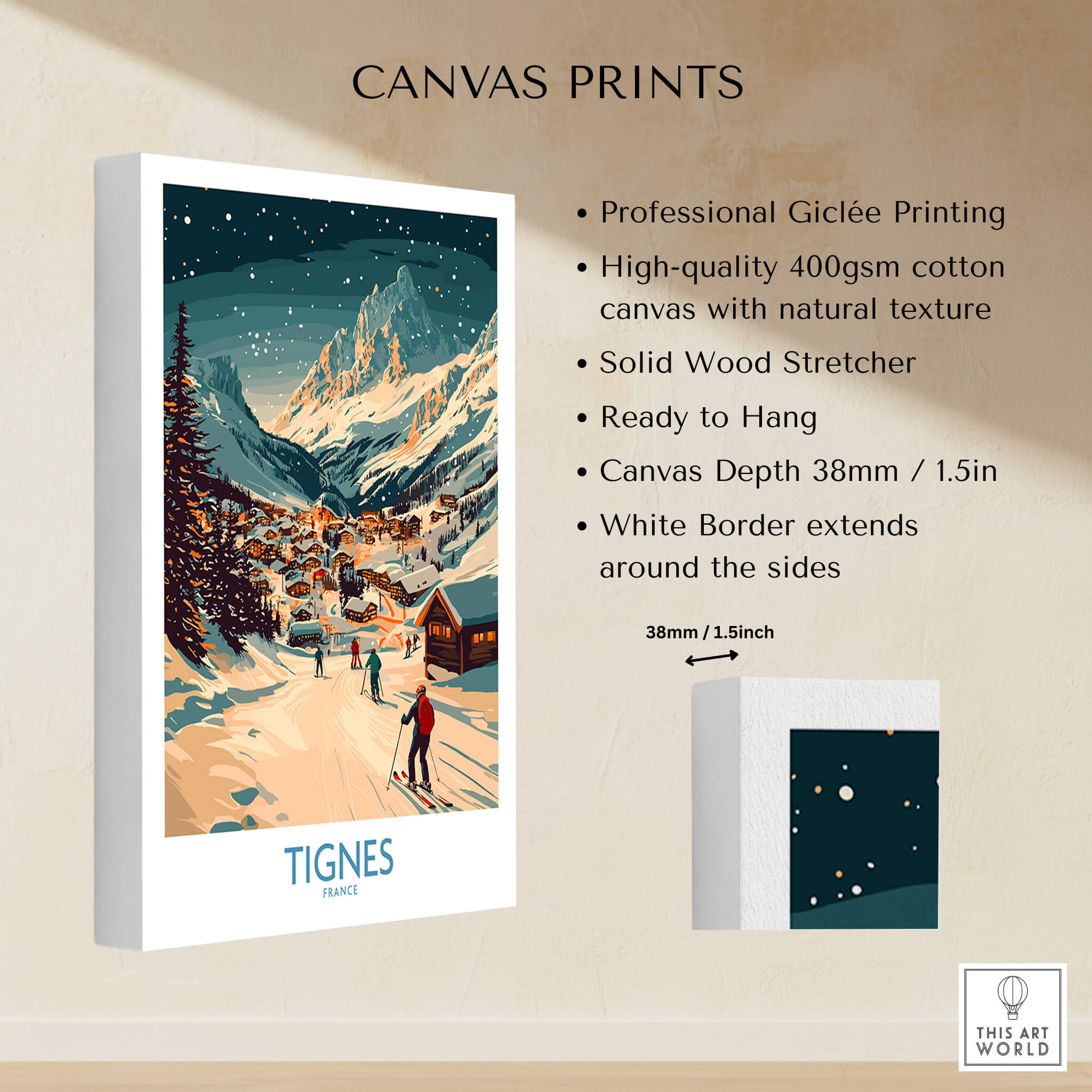 Tignes Wall Art Ski Poster showcasing a beautiful ski scene, perfect for adding winter charm to any decor.