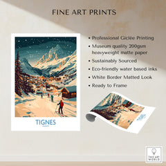 Tignes Wall Art Ski Poster featuring a picturesque ski scene with snowy mountains and charming village in winter.