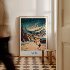 Tignes Wall Art Ski Poster featuring a picturesque ski scene in Tignes, France, perfect for winter decor.