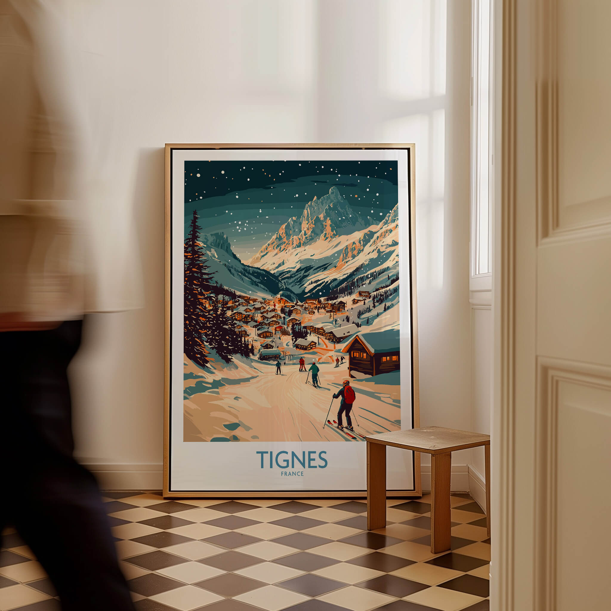 Tignes Wall Art Ski Poster featuring a picturesque ski scene in Tignes, France, perfect for winter decor.