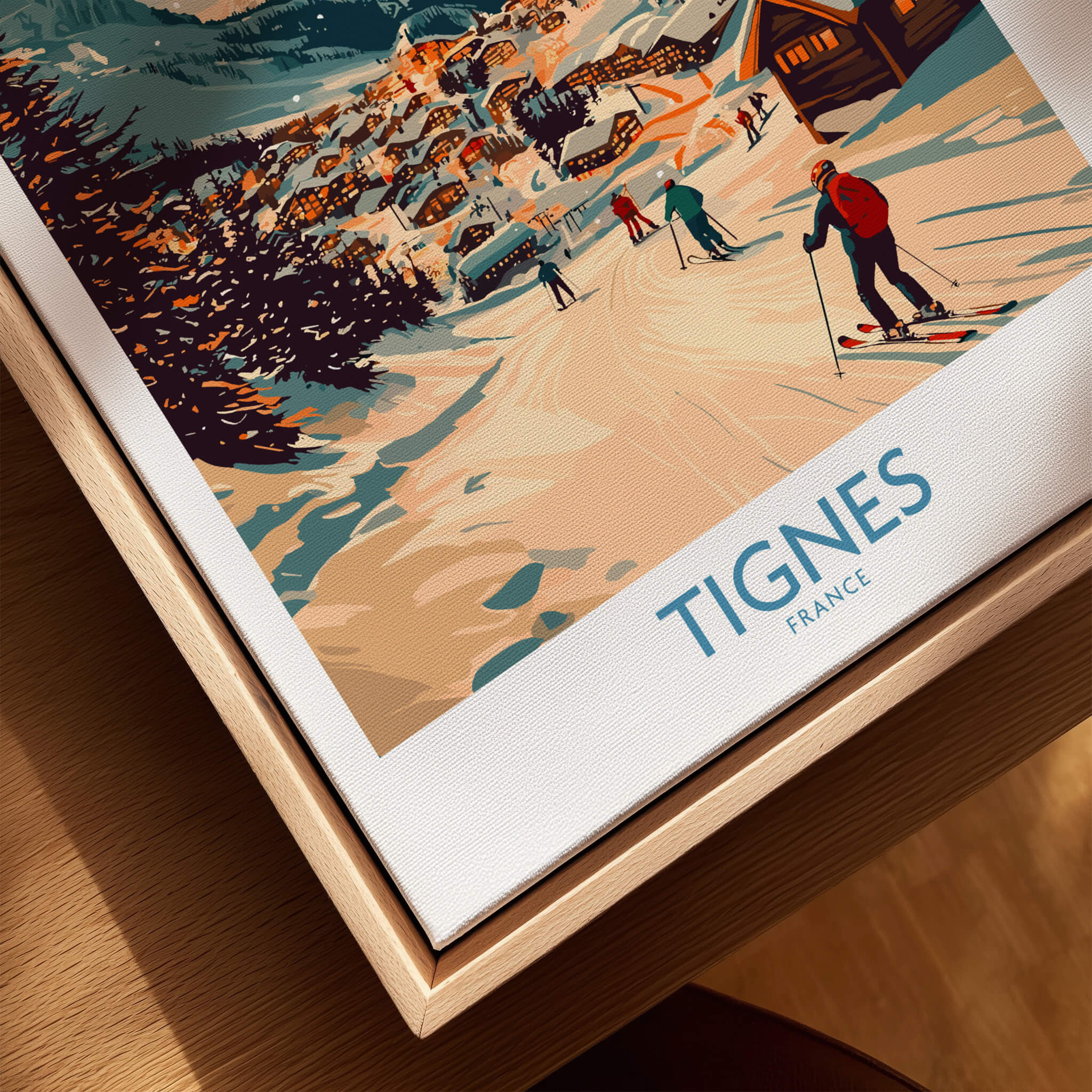Tignes Wall Art Ski Poster featuring a serene ski scene with skiers in a snowy landscape in France.