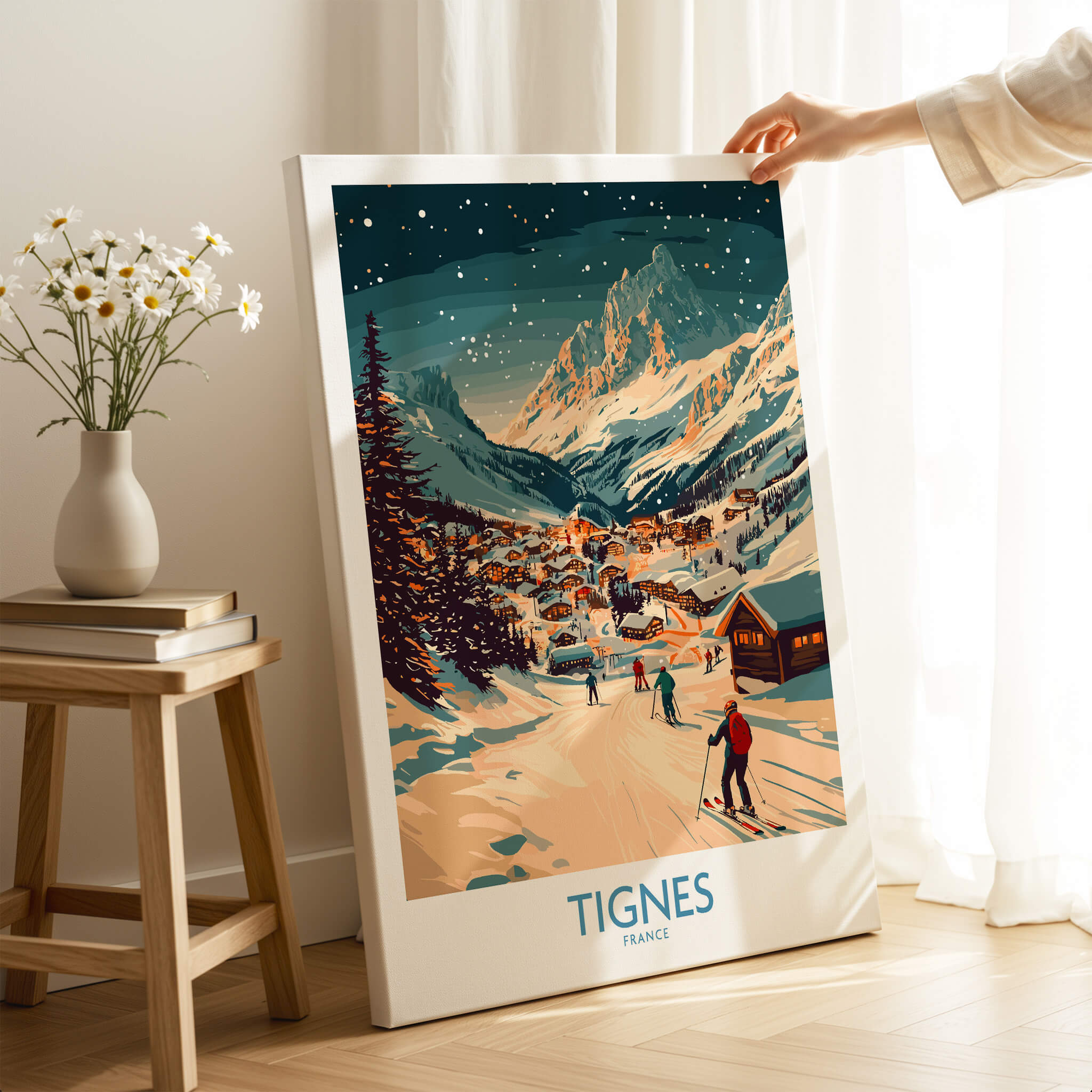 Tignes Wall Art Ski Poster featuring a vibrant ski scene in a winter landscape, perfect for decor in any room.