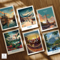 Tignes Wall Art Ski Poster featuring a scenic ski landscape among various travel posters like Venice and Paris.
