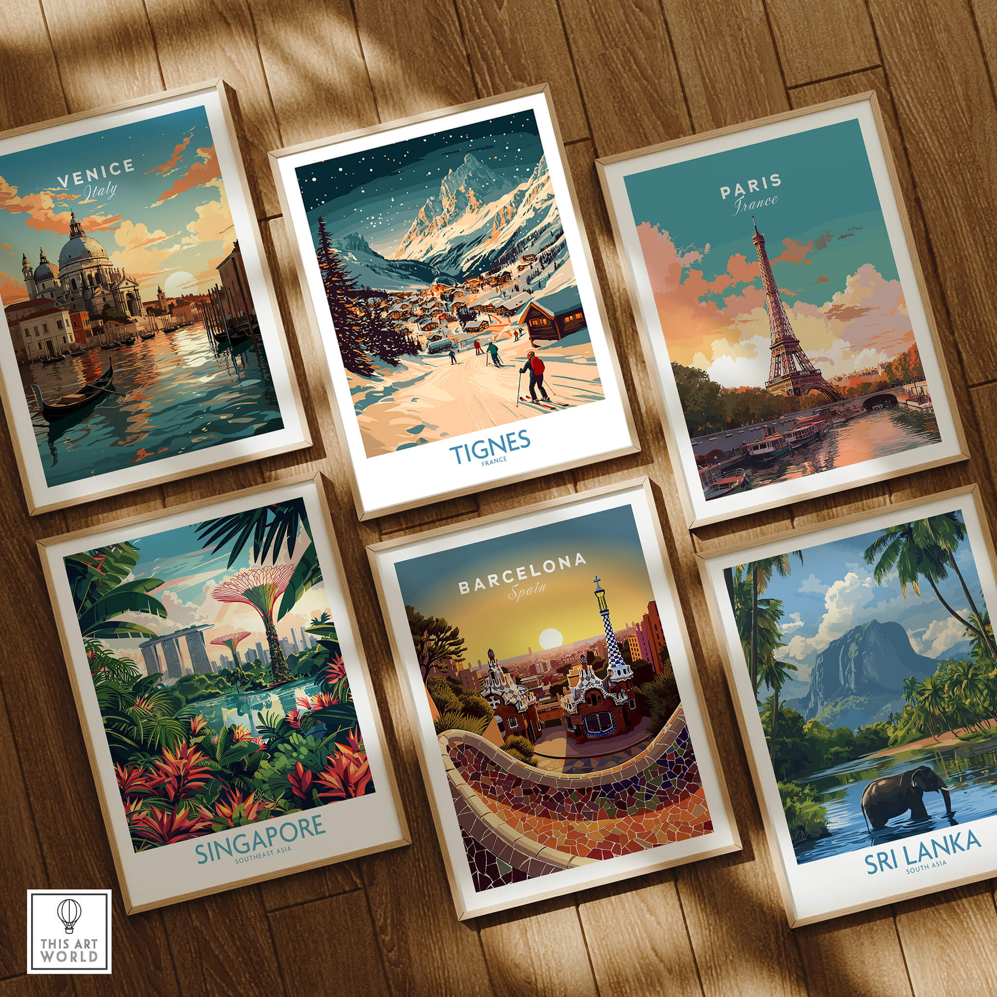 Tignes Wall Art Ski Poster featuring a scenic ski landscape among various travel posters like Venice and Paris.