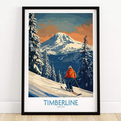 Timberline Ski Print - Oregon, showcasing a skier on snow-covered slopes with Mount Hood in the background.