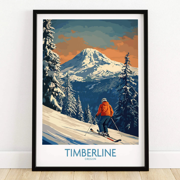 Timberline Ski Print - Oregon, showcasing a skier on snow-covered slopes with Mount Hood in the background.