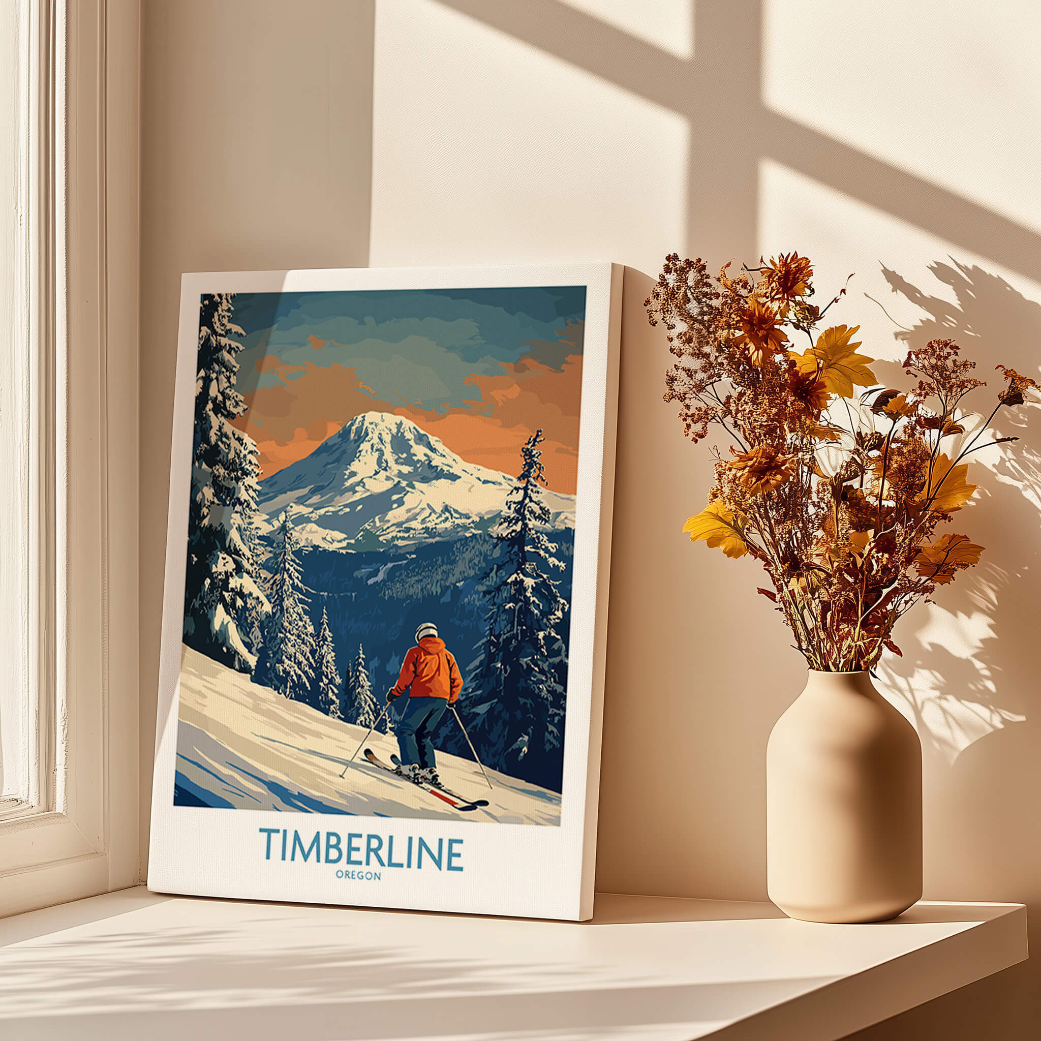 Timberline Ski Print - Oregon showcasing skiing in a scenic mountain landscape with winter vibes.