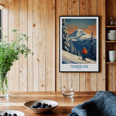 Timberline Ski Print - Oregon displayed on a wooden wall next to a vase of flowers and a bowl of berries.