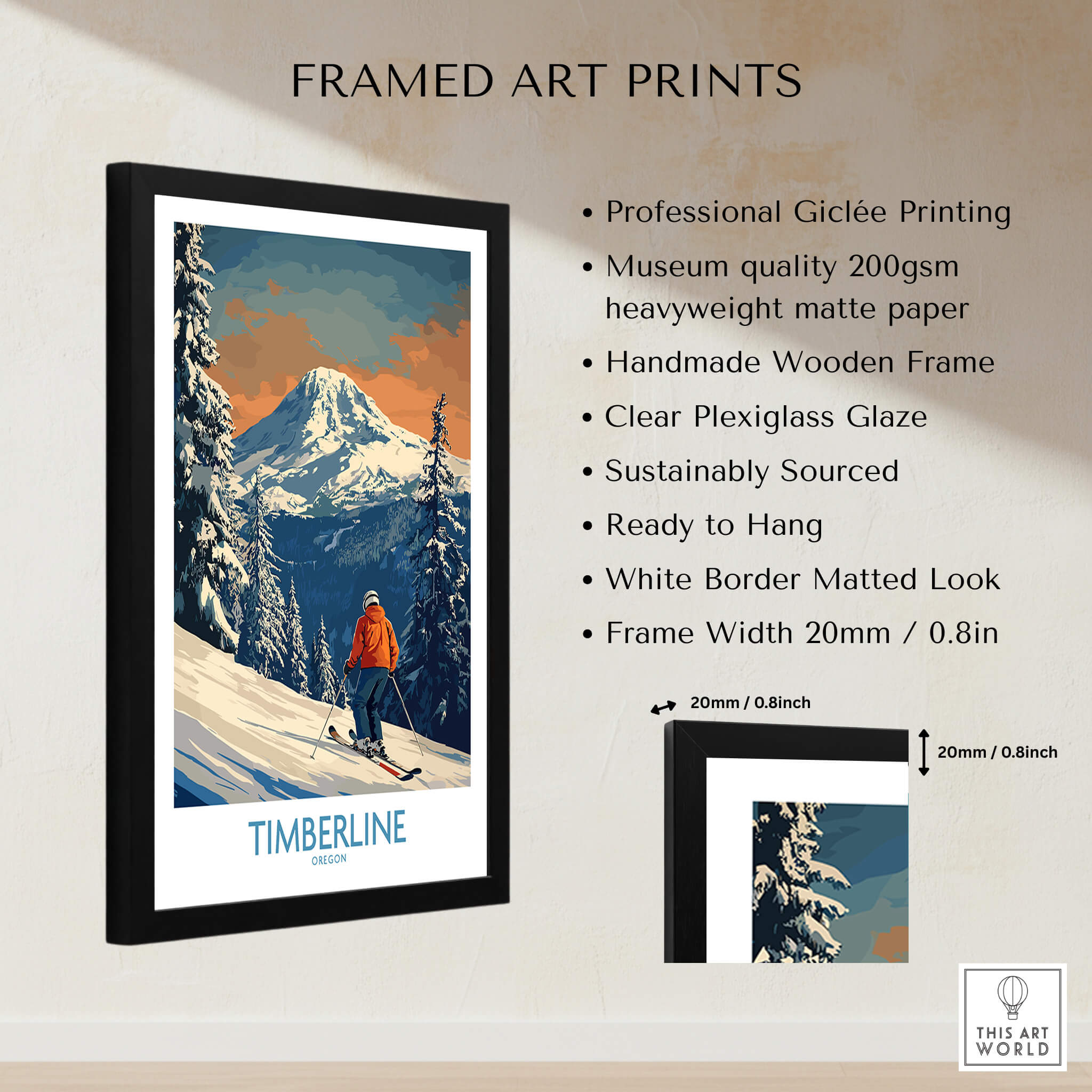 Timberline Ski Print - Oregon framed art print featuring a skier against Oregon's mountains.