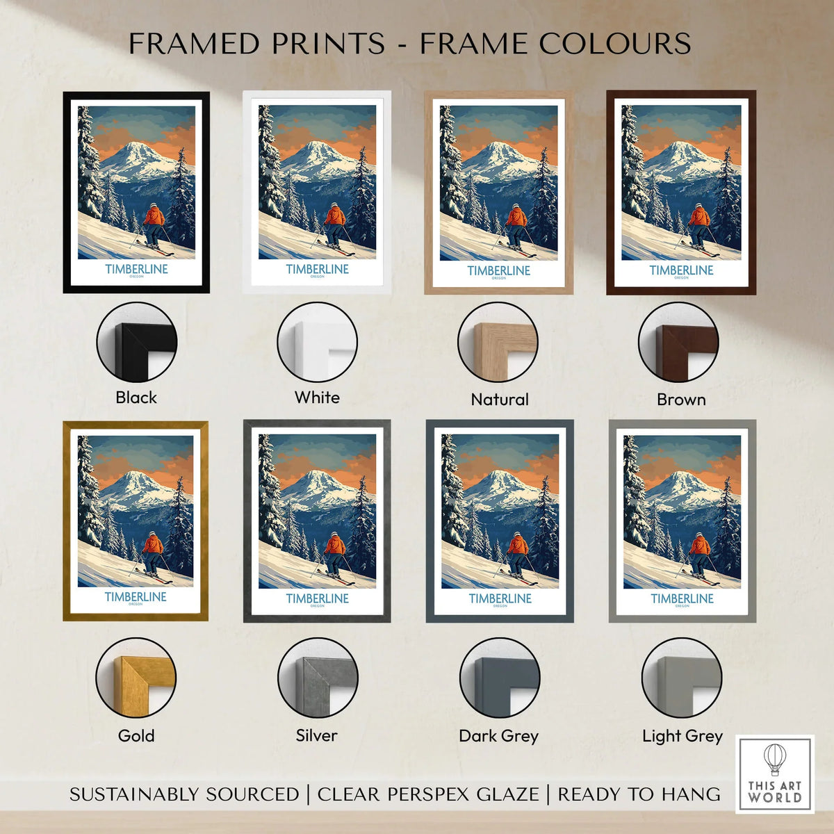 Timberline Ski Print - Oregon framed print options including Black, White, Natural, Brown, Gold, Silver, Dark Grey, Light Grey.