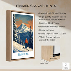 Framed Timberline Ski Print - Oregon showcasing beautiful mountain landscape and skier, ready to hang with wooden frame.