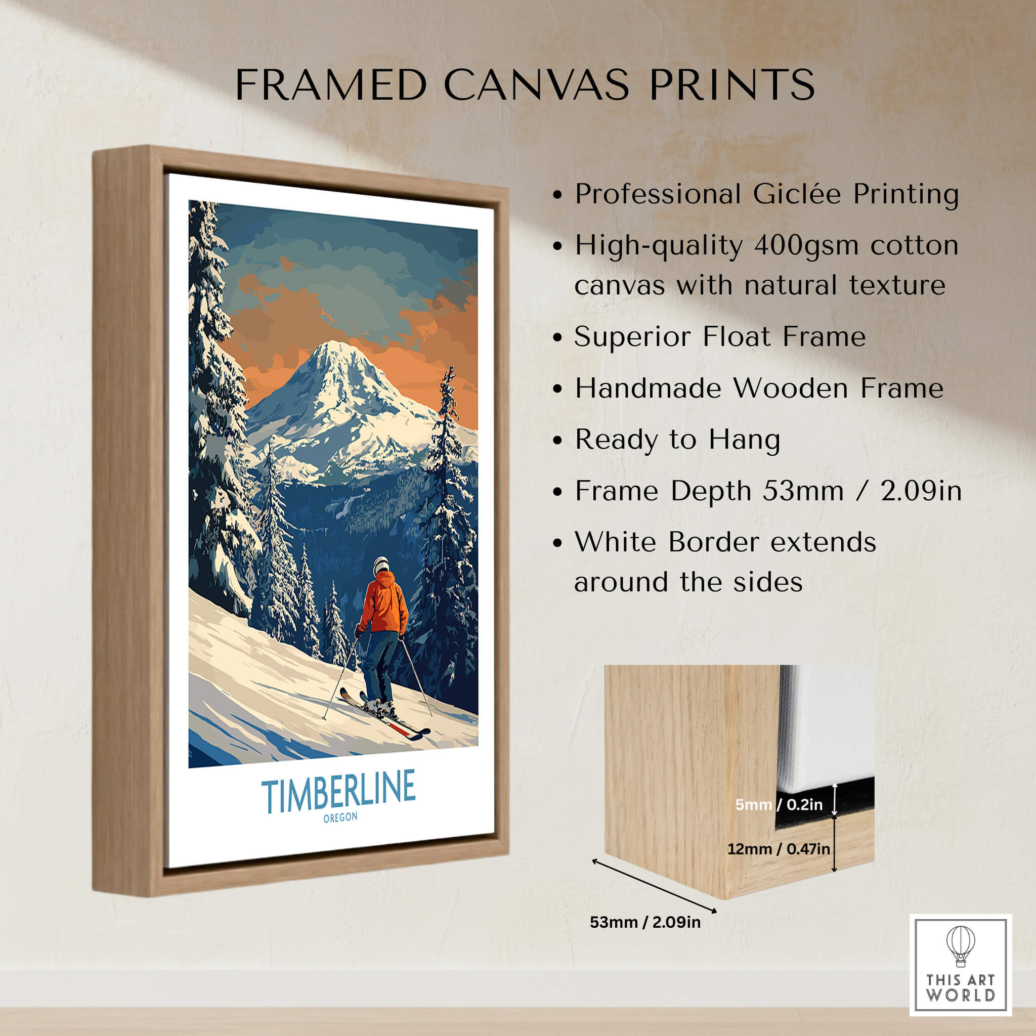 Framed Timberline Ski Print - Oregon showcasing beautiful mountain landscape and skier, ready to hang with wooden frame.