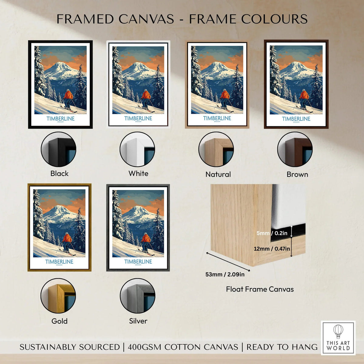 Timberline Ski Print - Oregon framed canvas options in various colors including black, white, natural, brown, gold, and silver.