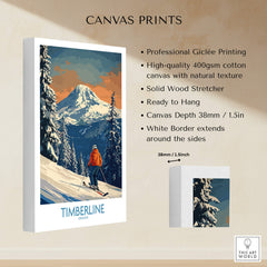Timberline Ski Print - Oregon canvas wall art showcasing a skier in front of majestic mountains and trees.
