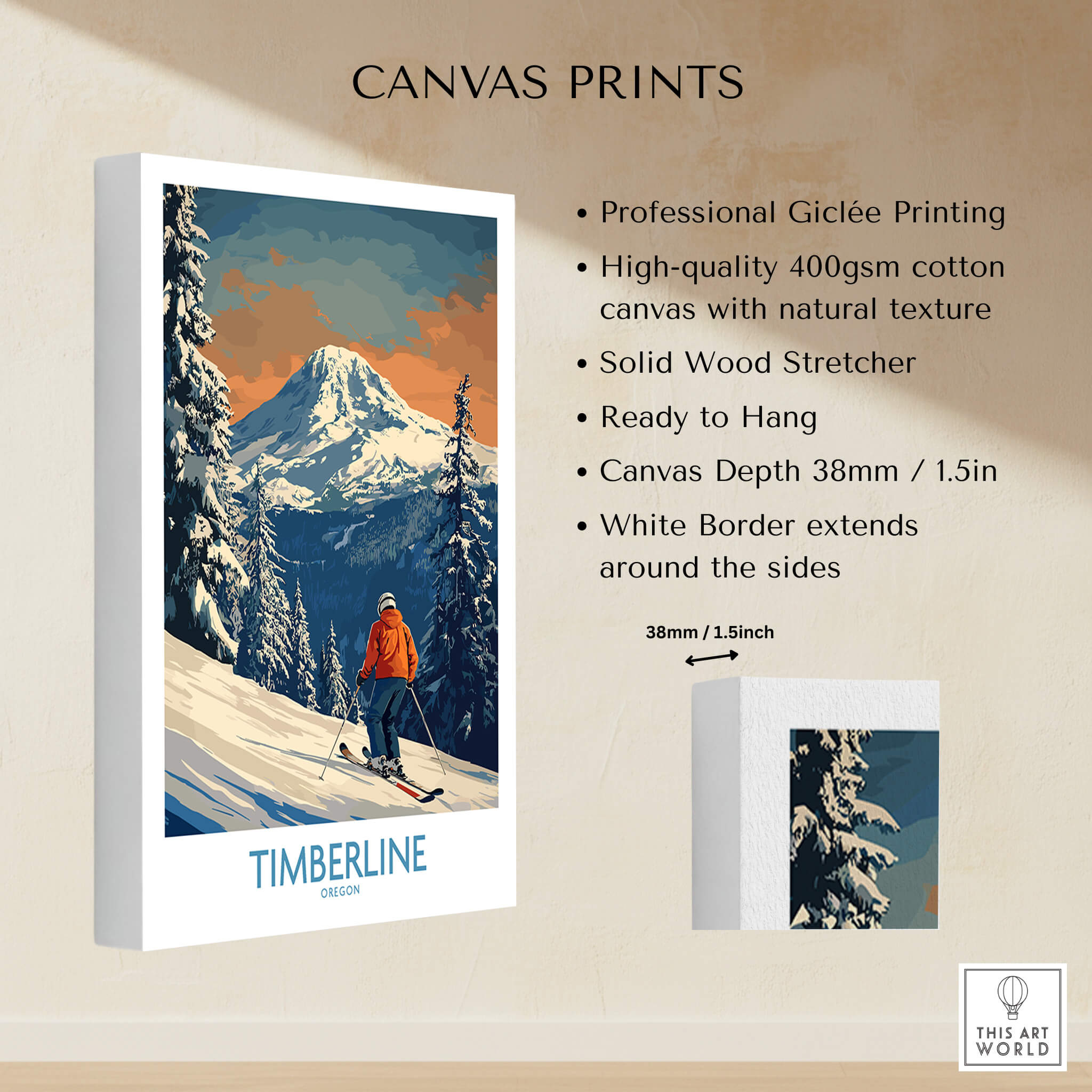 Timberline Ski Print - Oregon canvas wall art showcasing a skier in front of majestic mountains and trees.