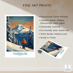 Timberline Ski Print - Oregon featuring a skier in front of Mount Hood, capturing Oregon's stunning winter landscape.