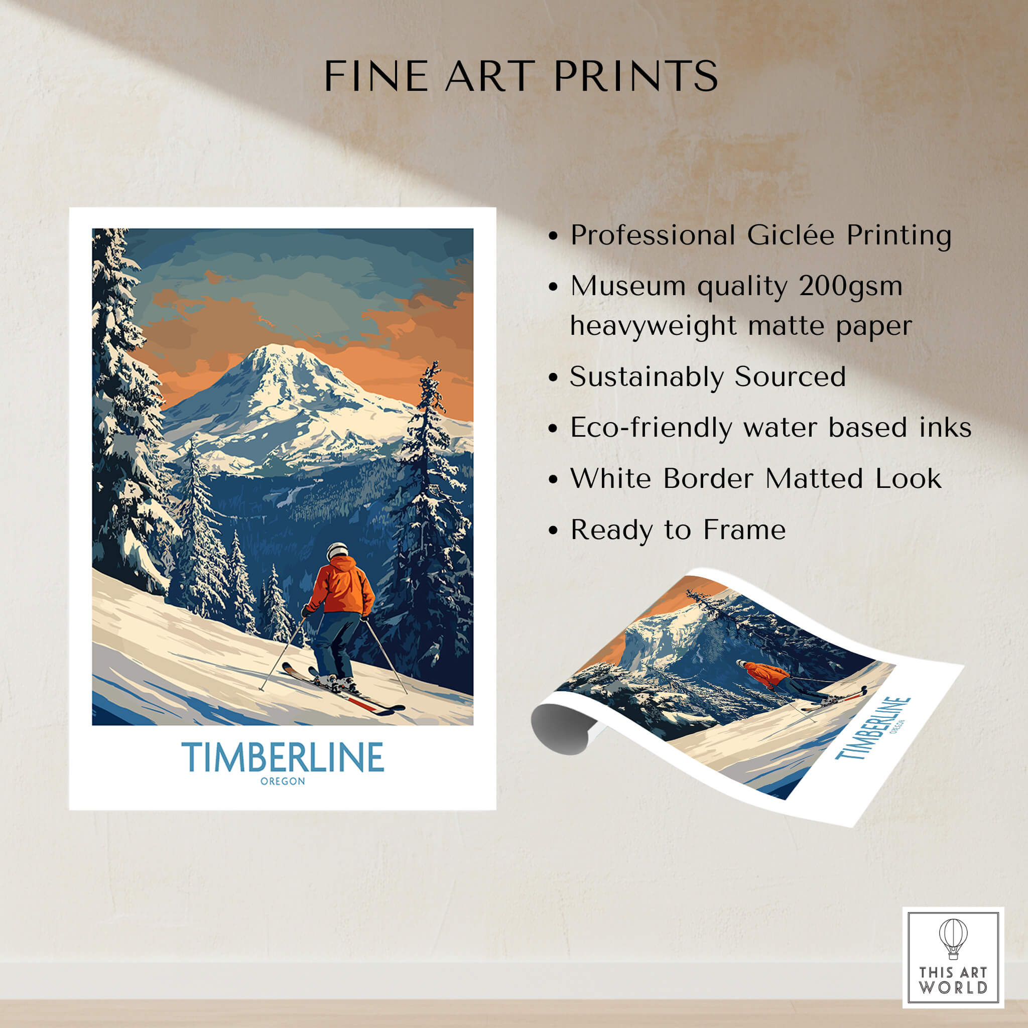 Timberline Ski Print - Oregon featuring a skier in front of Mount Hood, capturing Oregon's stunning winter landscape.