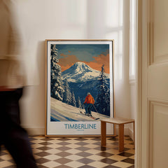 Timberline Ski Print - Oregon showcased in a stylish interior, featuring a skier on snowy slopes with a mountain backdrop.