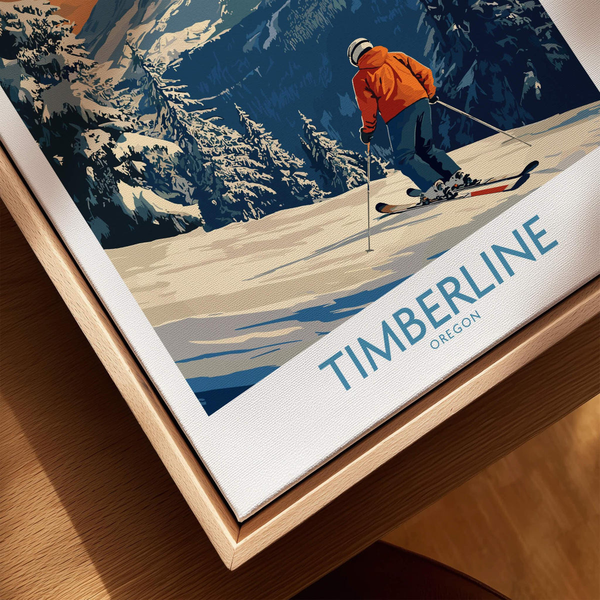 Timberline Ski Print - Oregon artwork featuring a skier on a snowy mountain with vibrant colors and outdoor scenery.