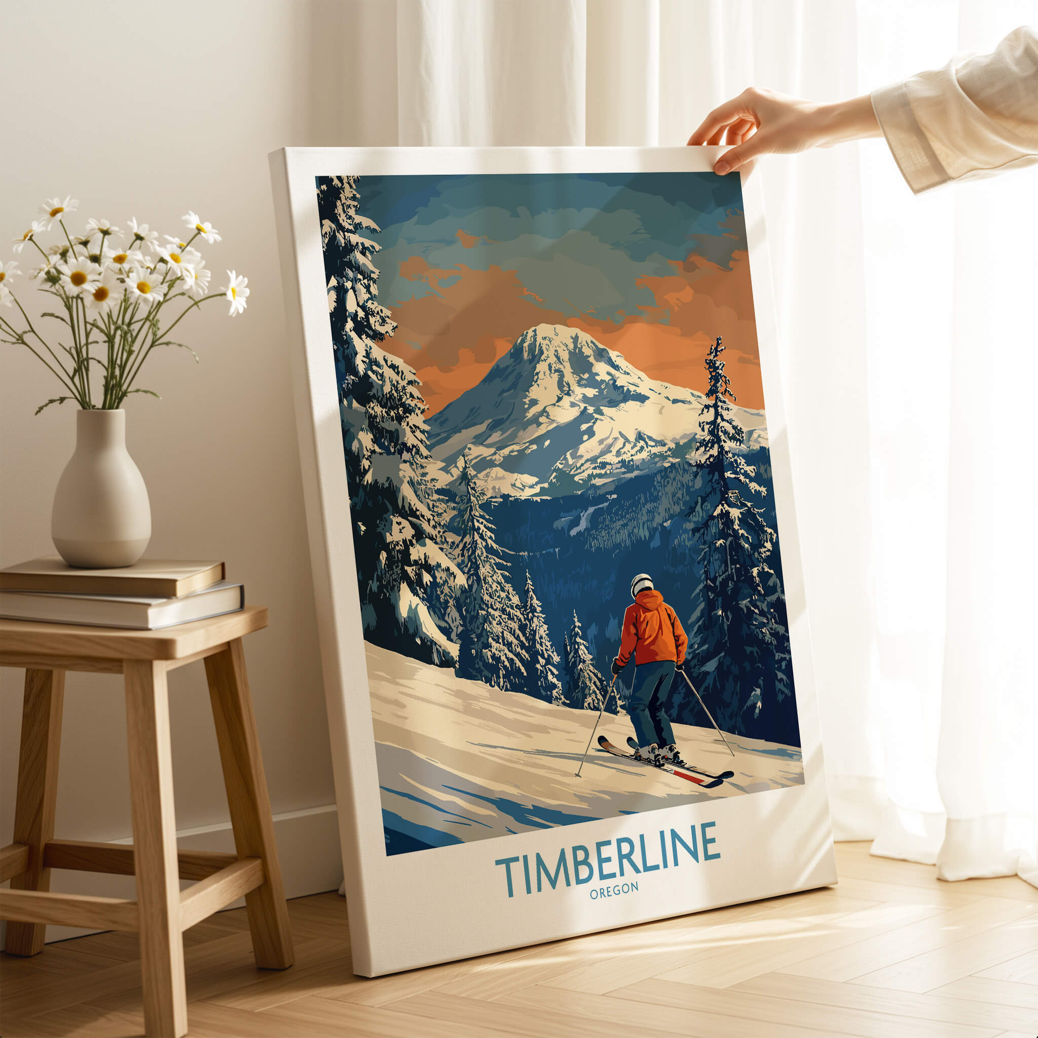 Timberline Ski Print - Oregon showcasing a skier on snowy slopes with mountains in the background, perfect for ski enthusiasts.