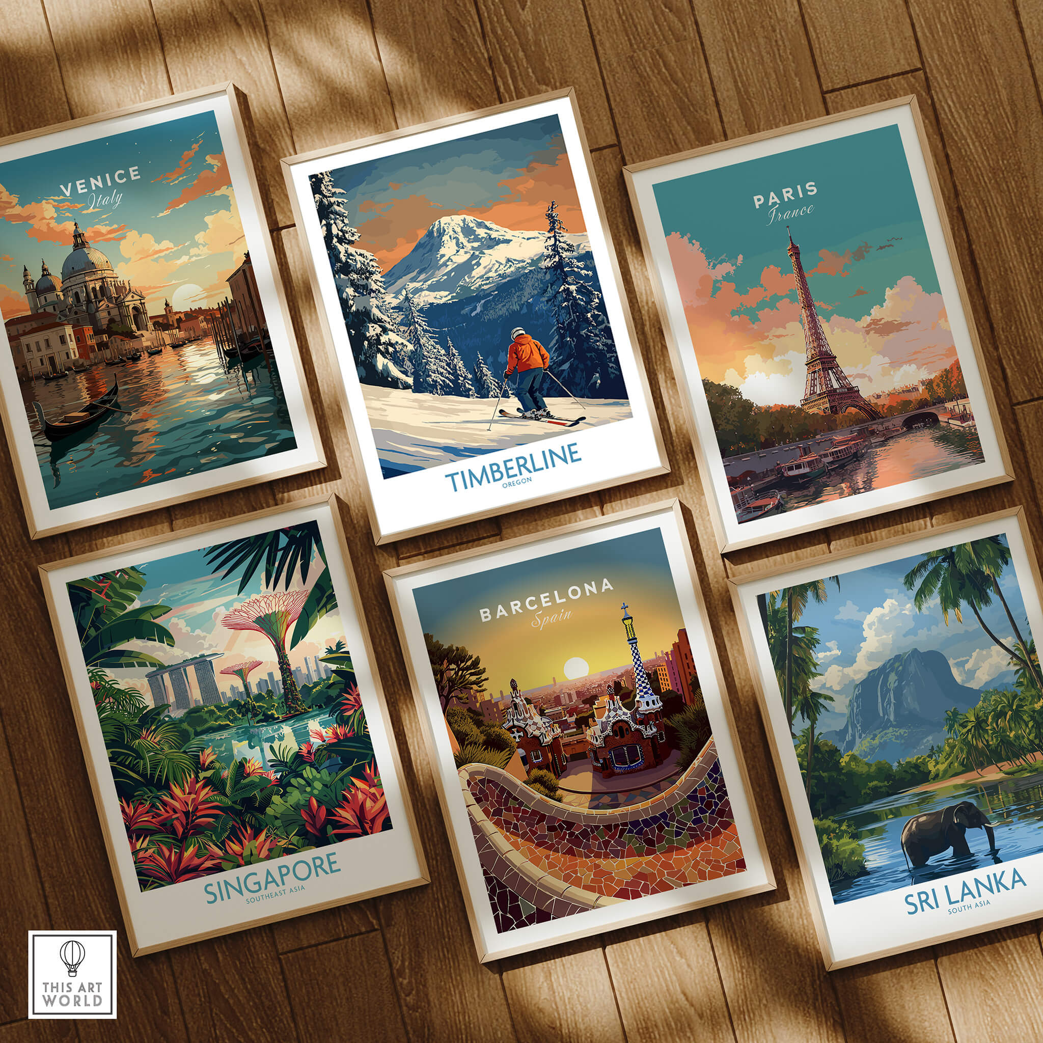 Timberline Ski Print - Oregon displayed among other travel destination prints like Venice, Paris, and Singapore.
