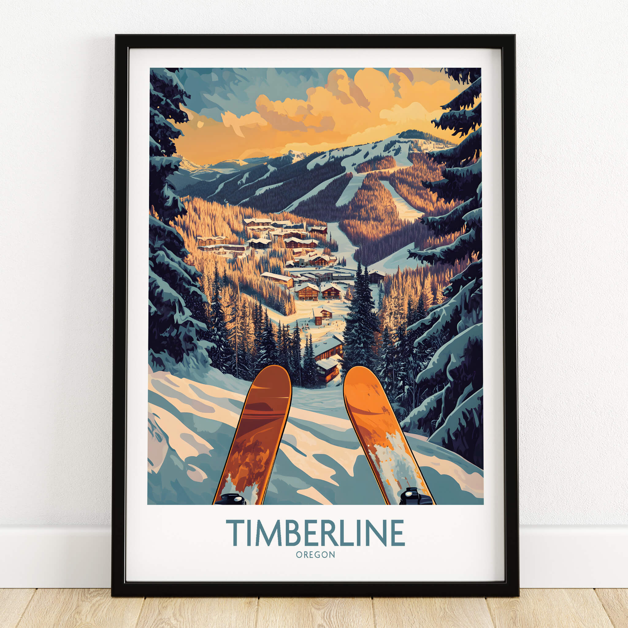 Timberline Wall Art - Oregon: Stunning print of Timberline ski resort landscape with skis in foreground.