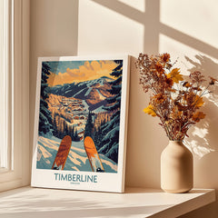 Timberline Wall Art - Oregon with ski equipment and scenic mountain view in a cozy home setting.