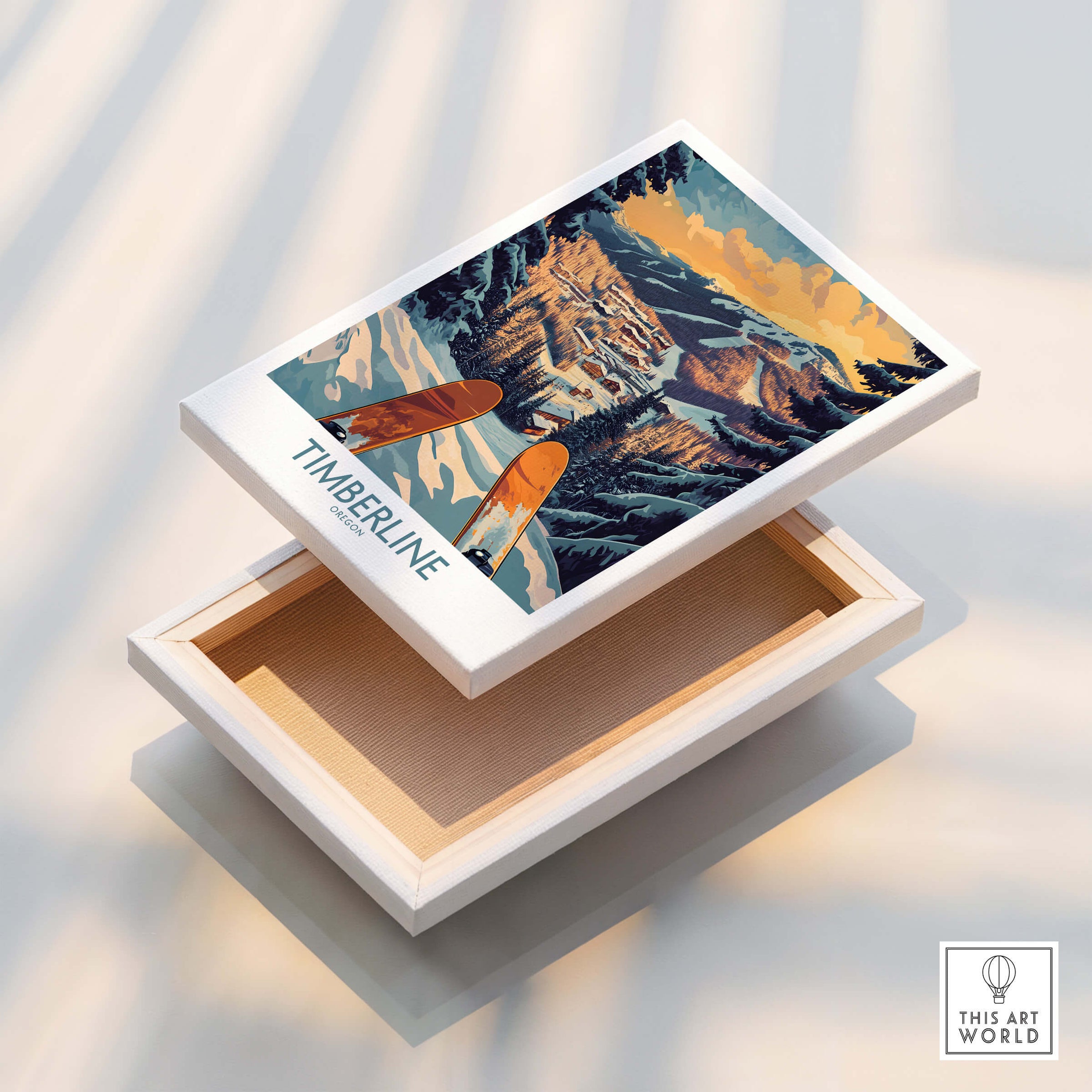 Timberline Wall Art - Oregon showcasing a beautiful design of snowy mountains and ski slopes in a unique box.
