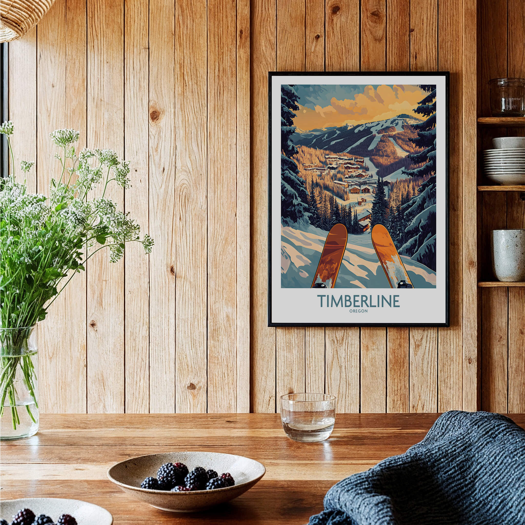 Timberline Wall Art - Oregon showcasing a vintage ski resort print in a cozy home setting.