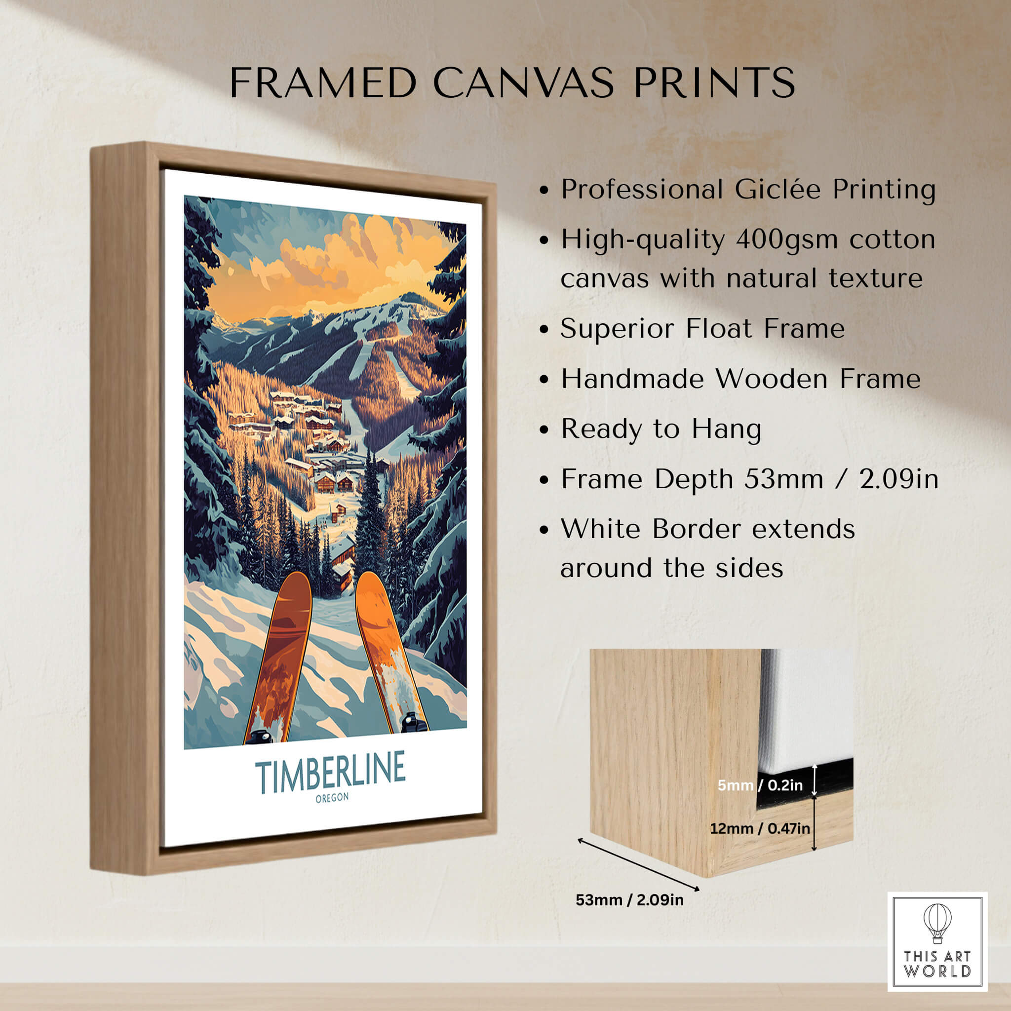 Timberline Wall Art - Oregon framed canvas print showcasing the iconic Timberline ski resort landscape.