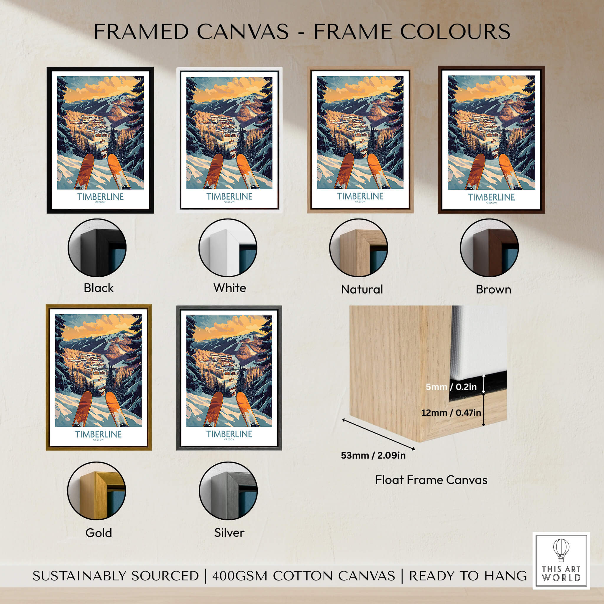 Framed canvas options for Timberline Wall Art - Oregon in various colors including black, white, natural, brown, gold, and silver.