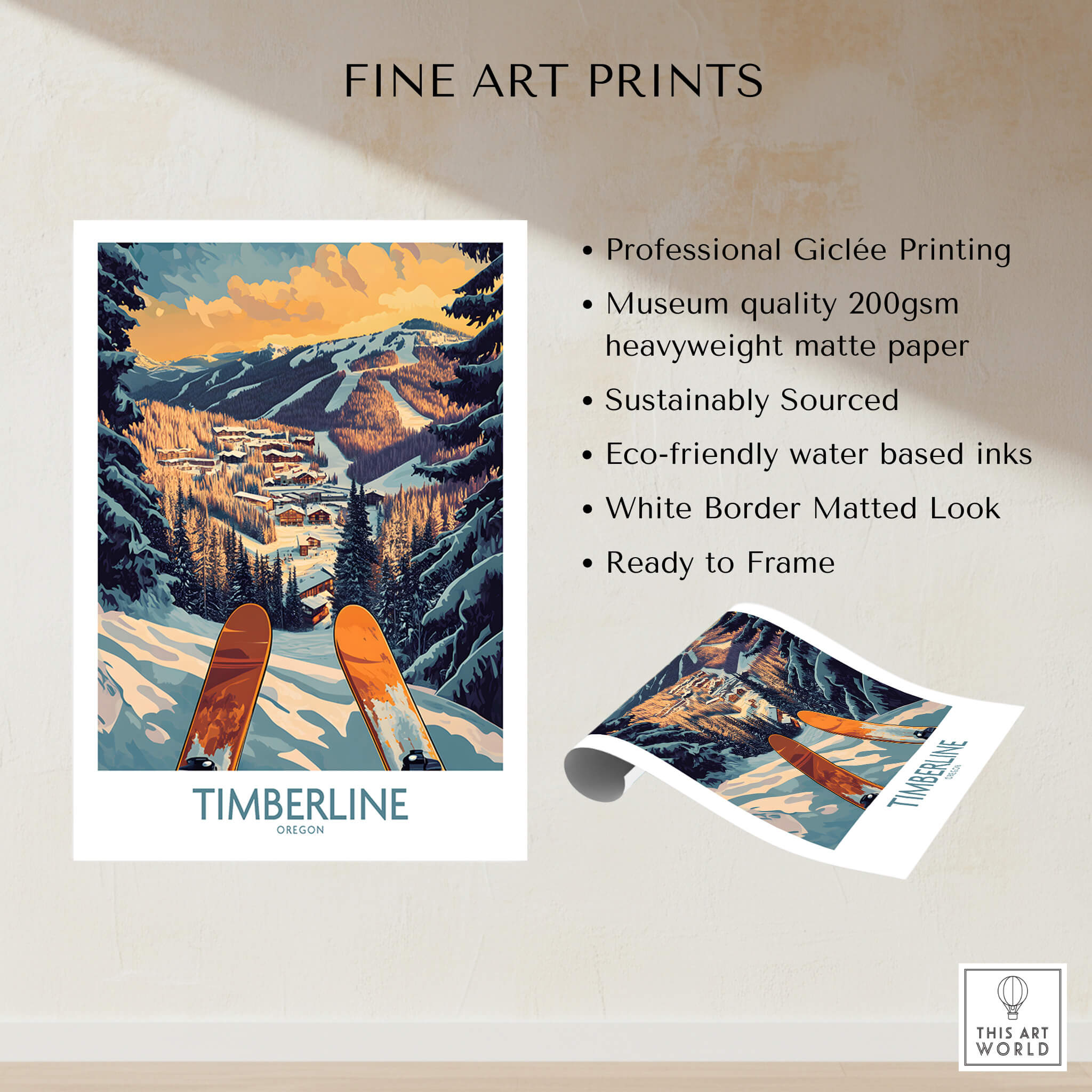 Timberline Wall Art - Oregon showcasing a stunning print of the Timberline ski resort in a snowy landscape.