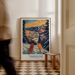 Timberline Wall Art - Oregon showcasing a snowy ski resort landscape with skis in the foreground for home decor.