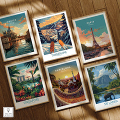 Timberline Wall Art - Oregon displayed with travel posters of Venice, Paris, Barcelona, Singapore, and Sri Lanka.