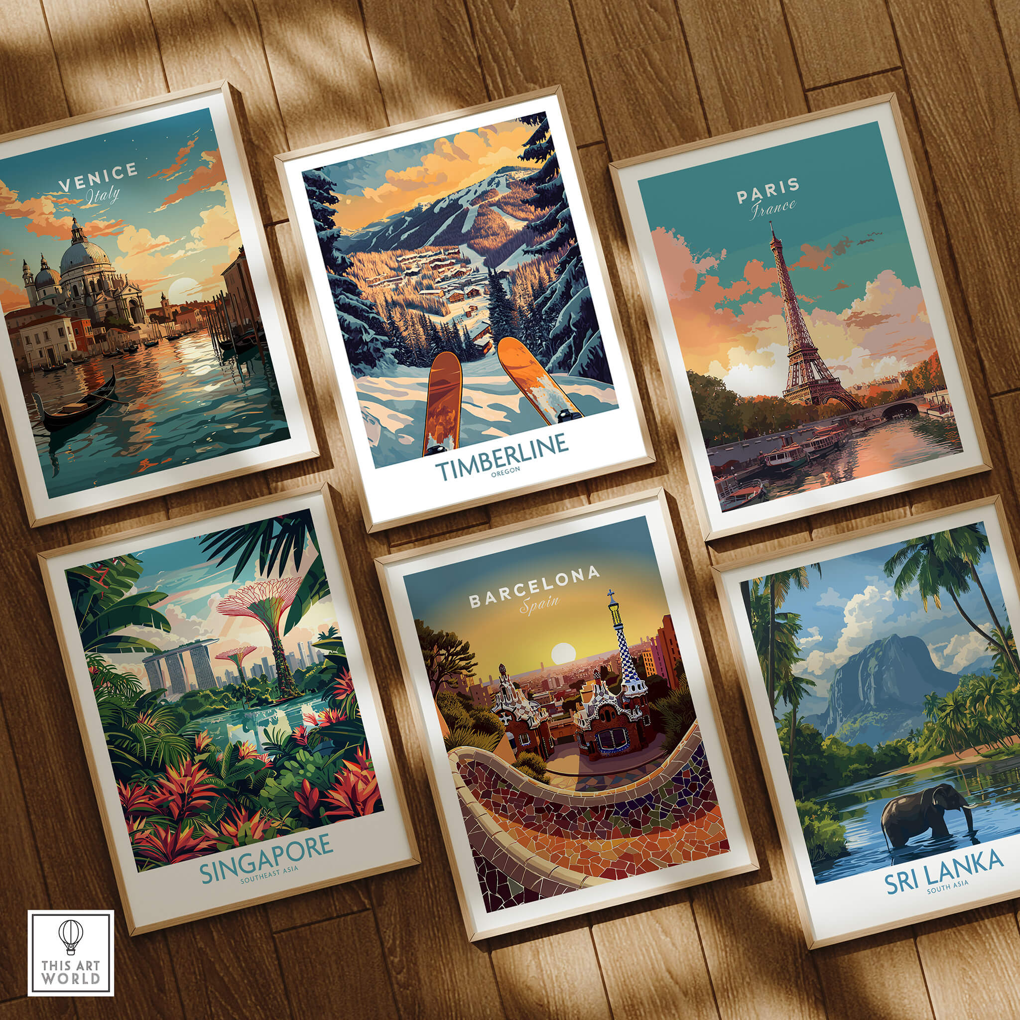 Timberline Wall Art - Oregon displayed with travel posters of Venice, Paris, Barcelona, Singapore, and Sri Lanka.