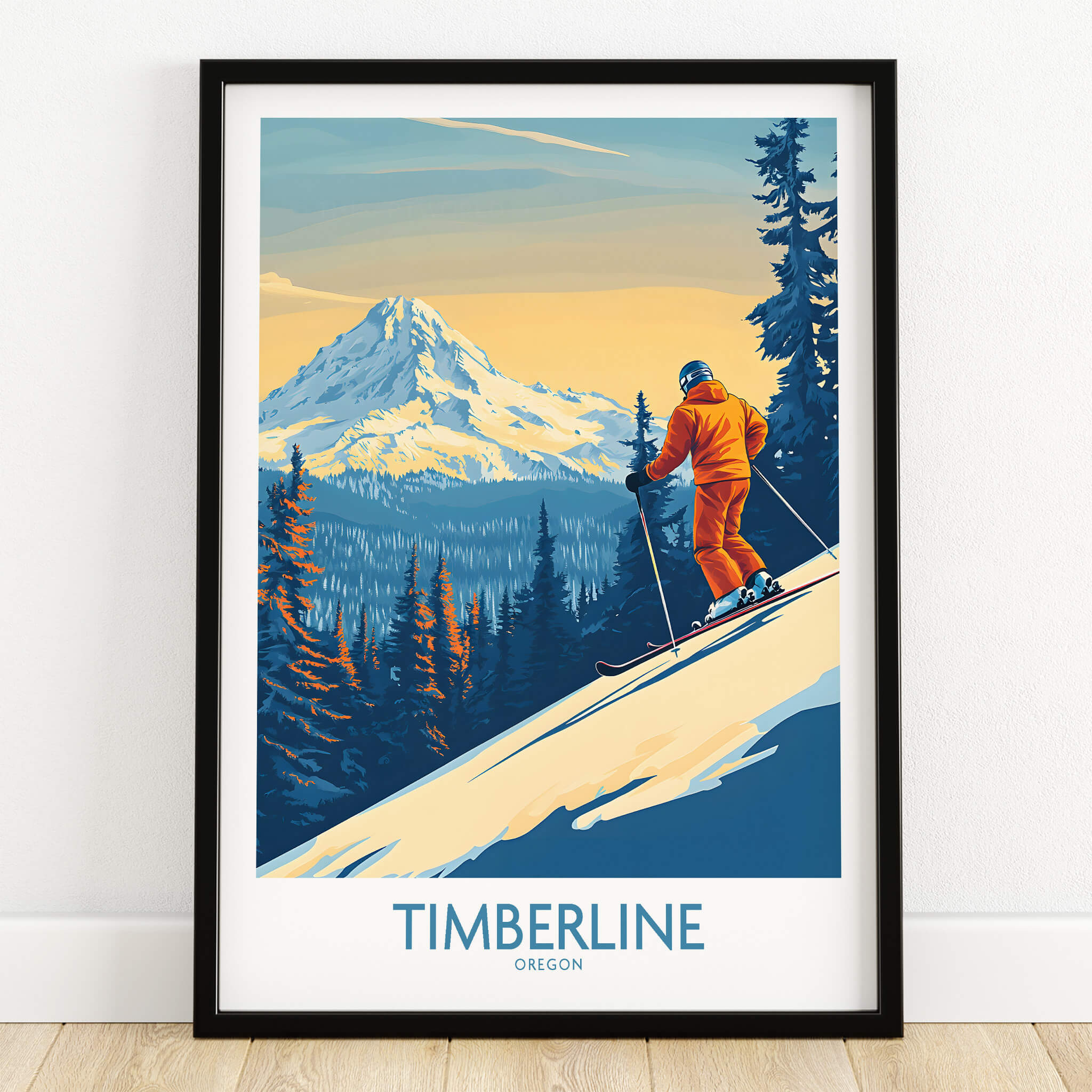Timberline Wall Art Ski Poster featuring a skier on a slope with mountains in the background.
