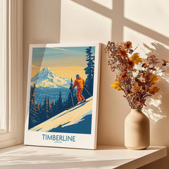 Timberline Wall Art Ski Poster featuring a skier against a stunning mountain backdrop in a cozy indoor setting.