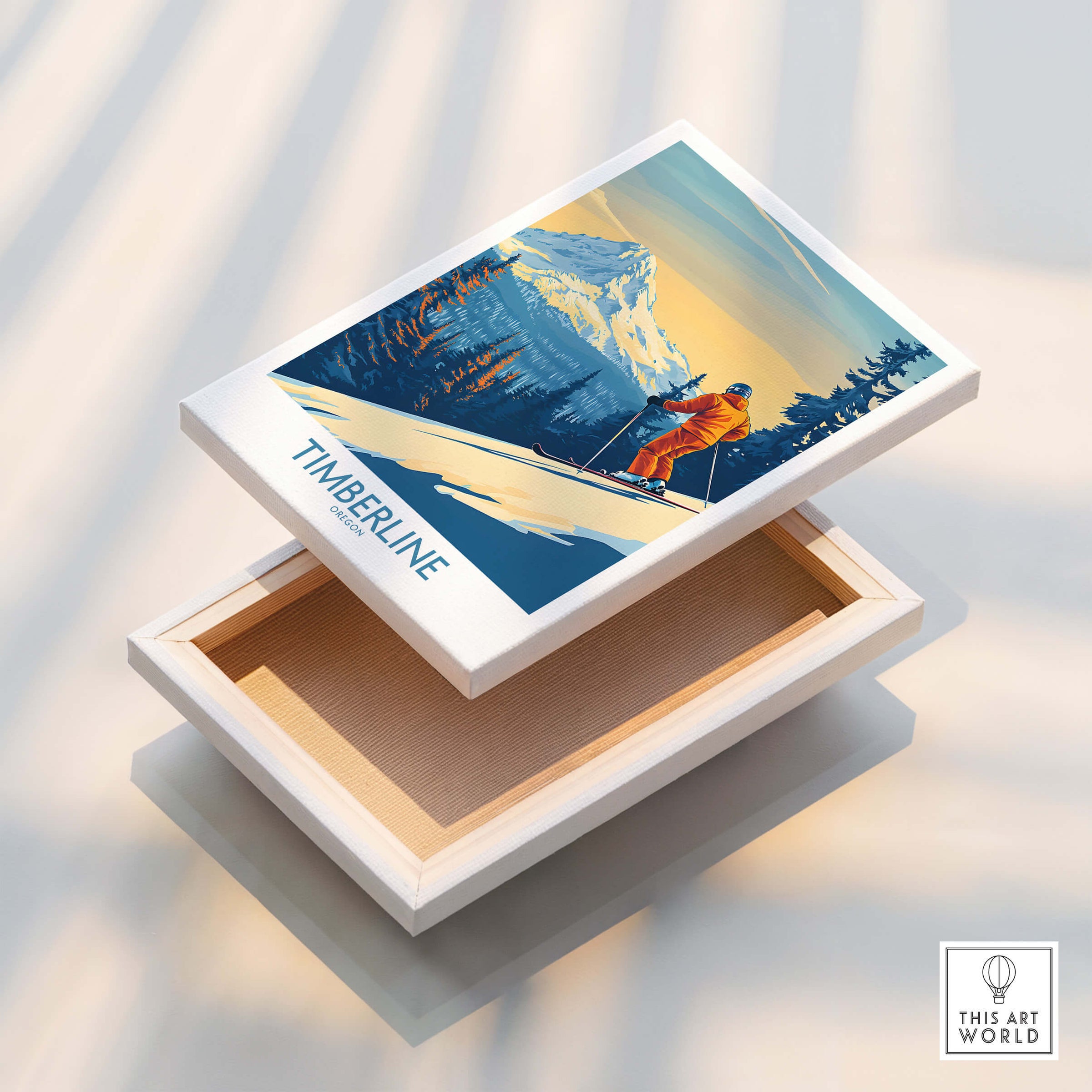 Timberline Wall Art Ski Poster displayed on a white box, showcasing ski-themed artwork and vibrant colors.