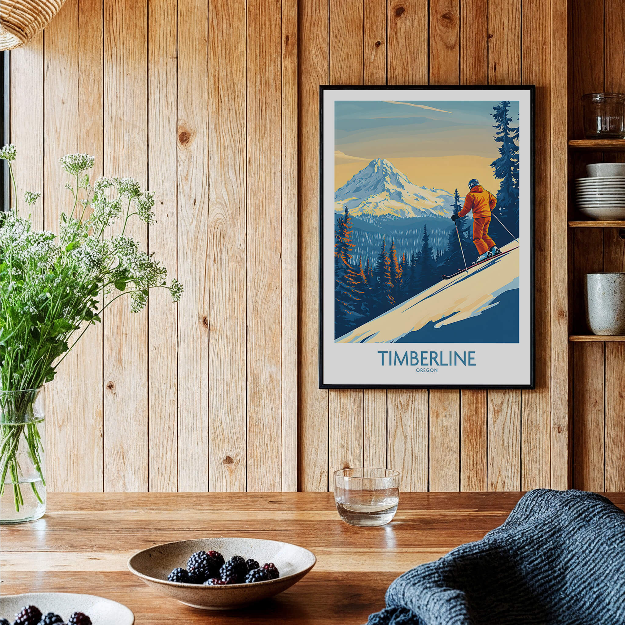 Timberline Wall Art Ski Poster showcasing a skier on slopes with stunning mountain backdrop.