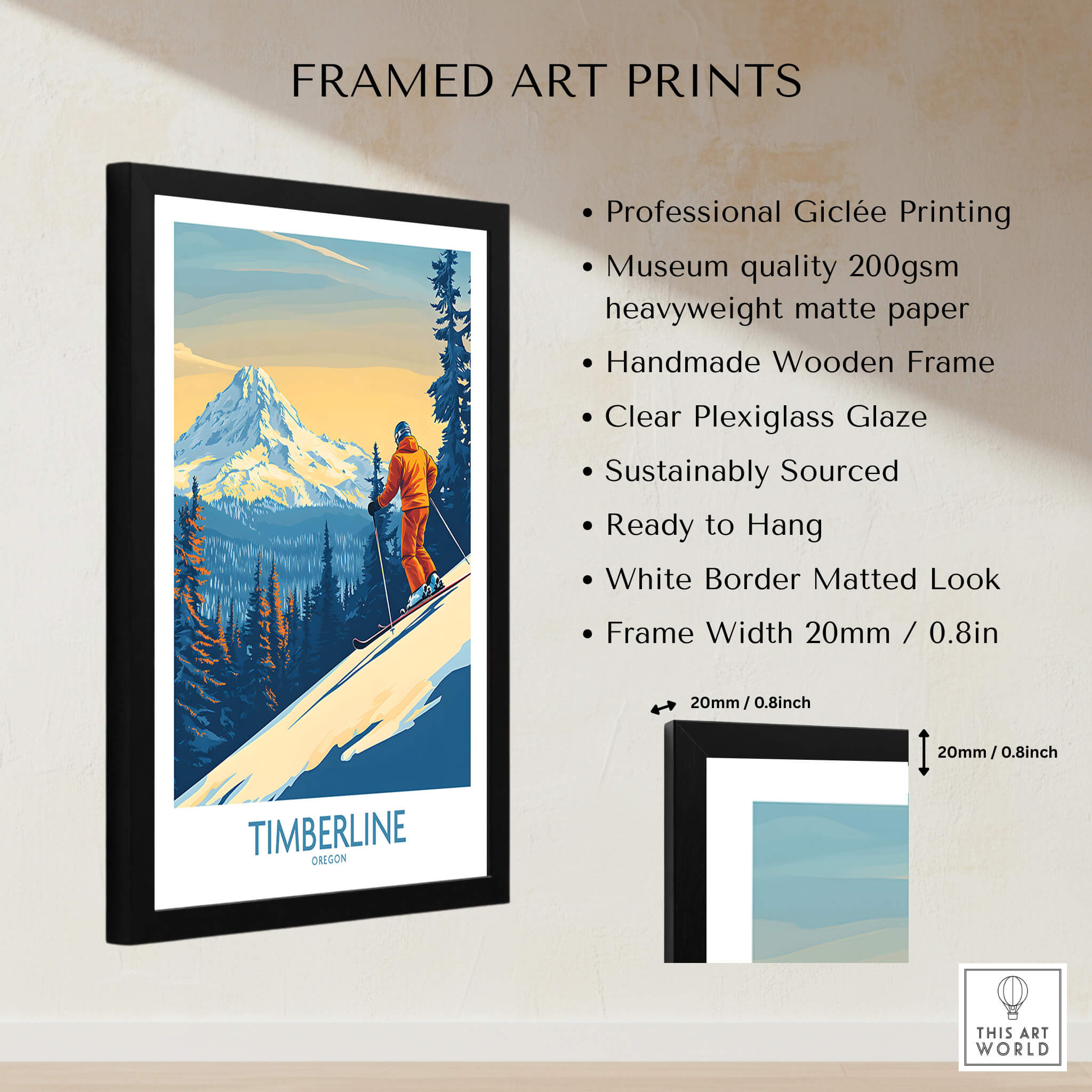 Timberline Wall Art Ski Poster framed print with professional Giclée quality, featuring a skier and mountain backdrop.