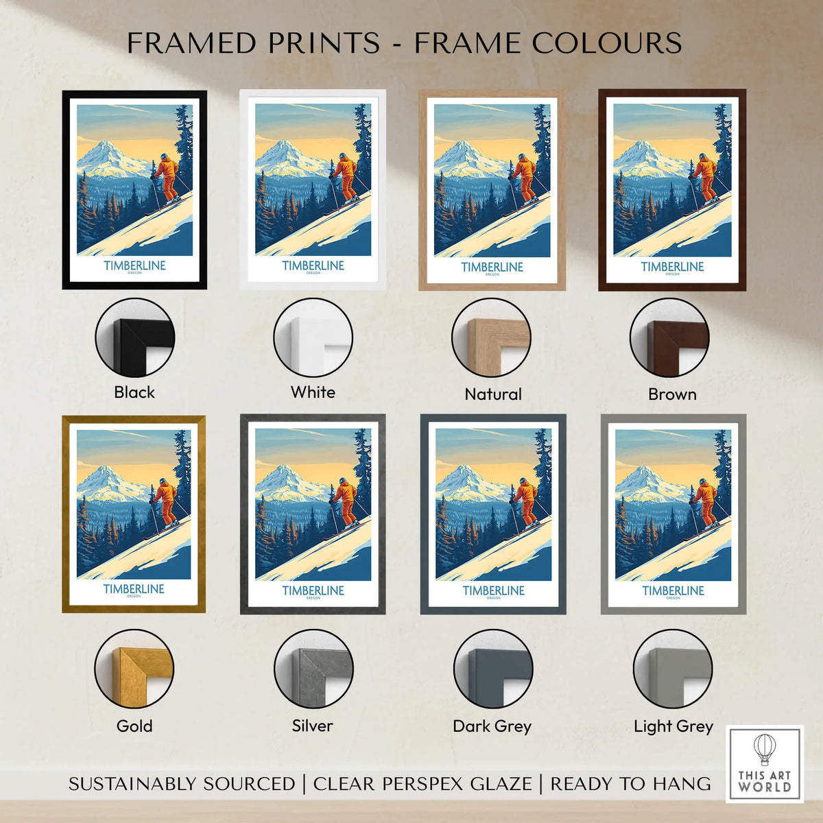 Timberline Wall Art Ski Poster framed in various colors, showcasing stunning skiing scenery and design options.