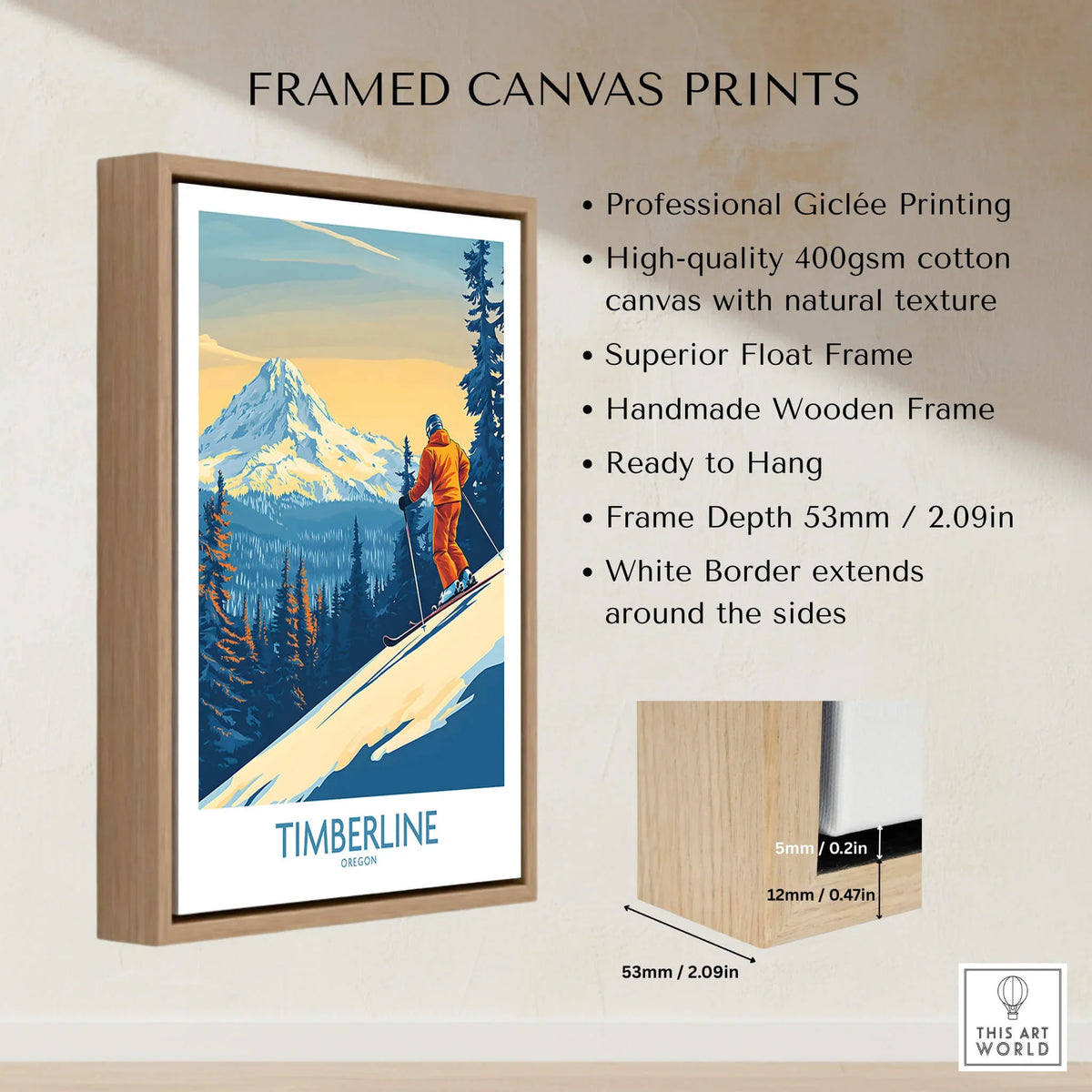 Timberline Wall Art Ski Poster framed canvas print showcasing a skier against a mountain backdrop.