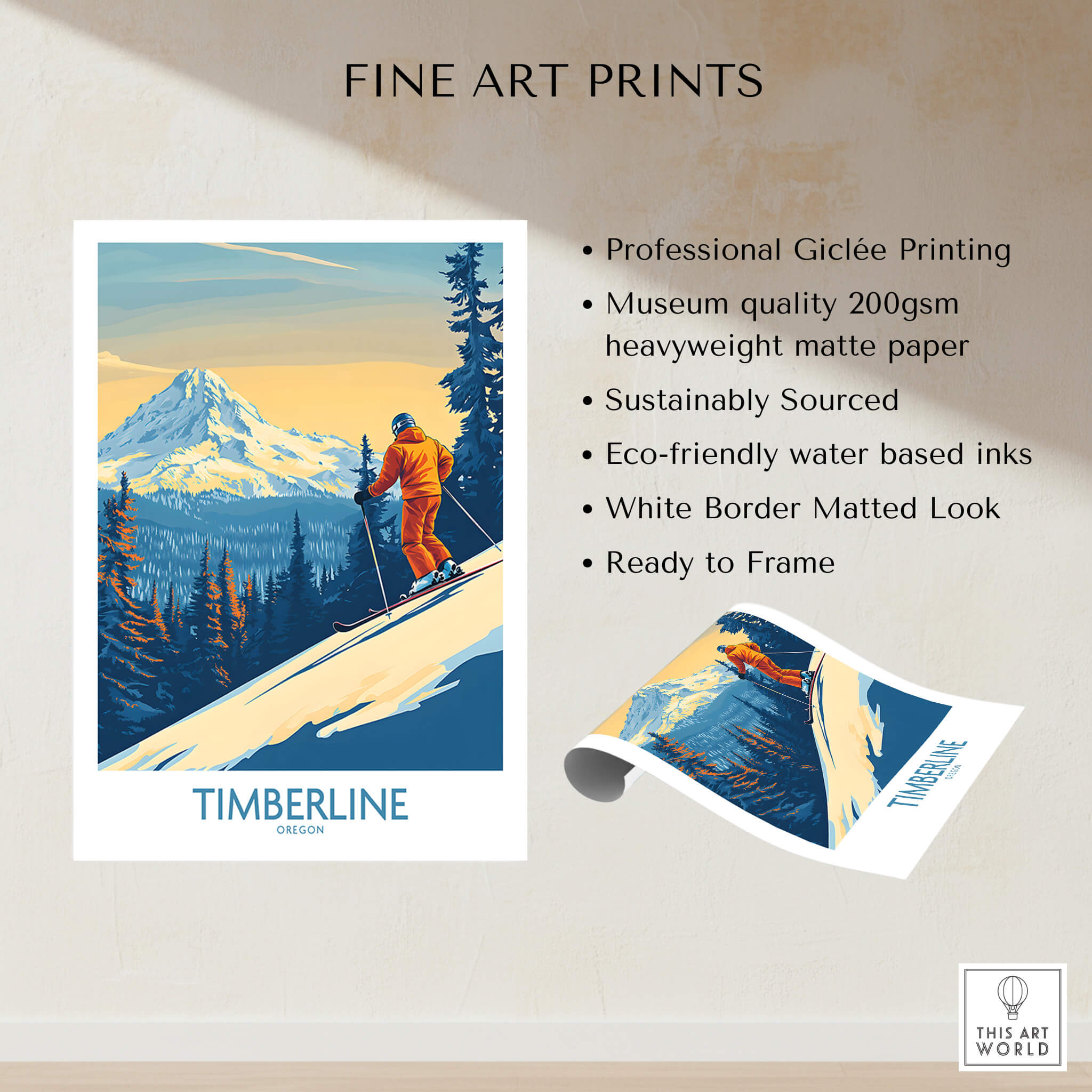 Timberline Wall Art Ski Poster showcasing a skier with mountains in the background, perfect for home decor.