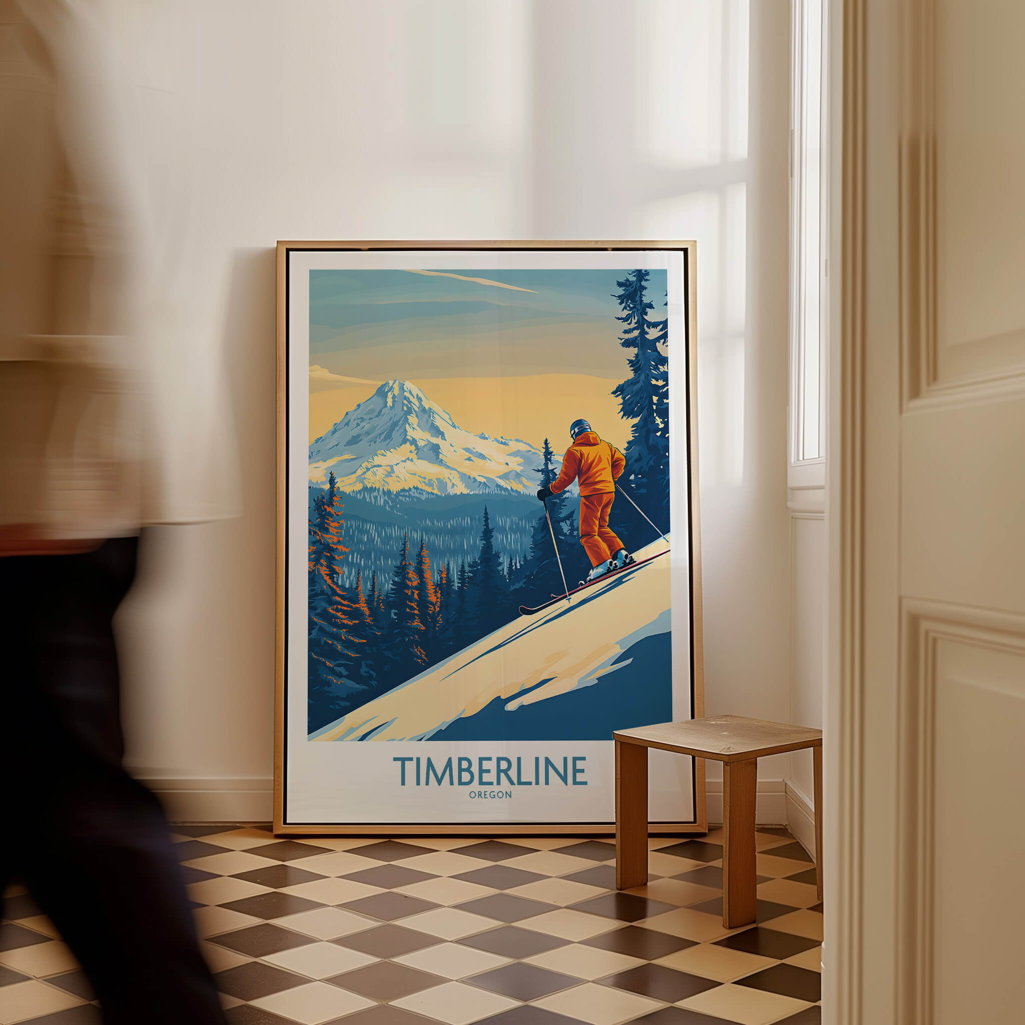 Timberline Wall Art Ski Poster featuring a skier against a mountain backdrop in a stylish indoor setting.